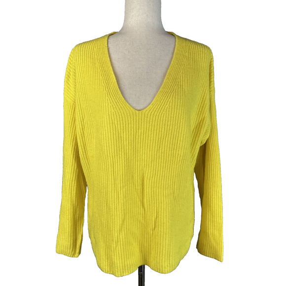 A.L.C. Women Ribbed Knit V-Neck Pullover Sweater Size M Bright Yellow Wool Blend - Picture 1 of 7